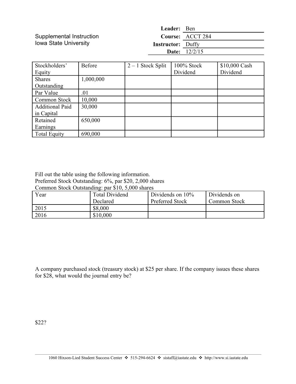 Fill out the Table Using the Following Information