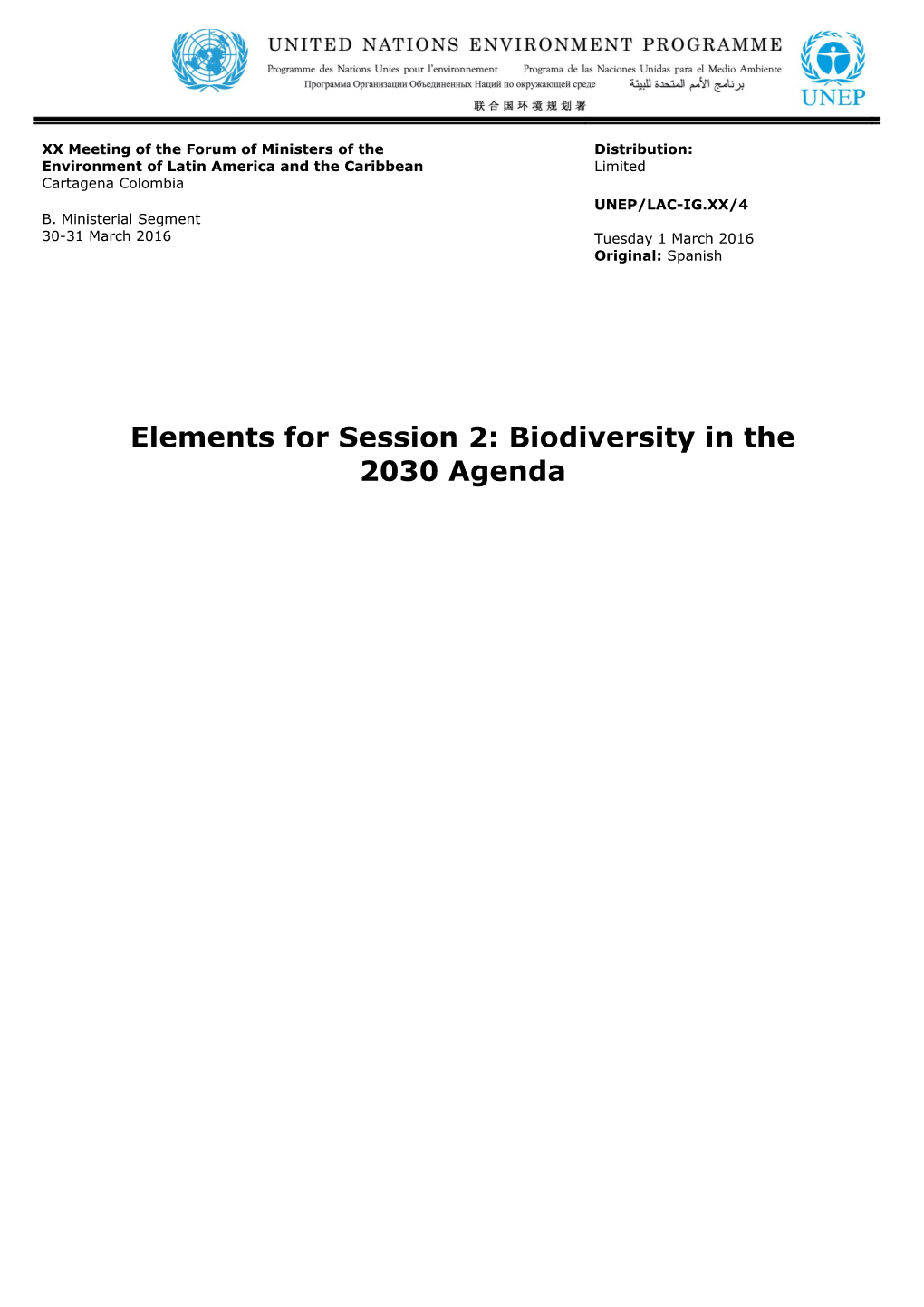 Elements for Session 2: Biodiversity in the 2030 Agenda