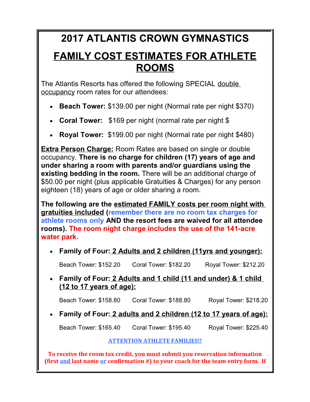 Family Cost Estimates for Athlete Rooms