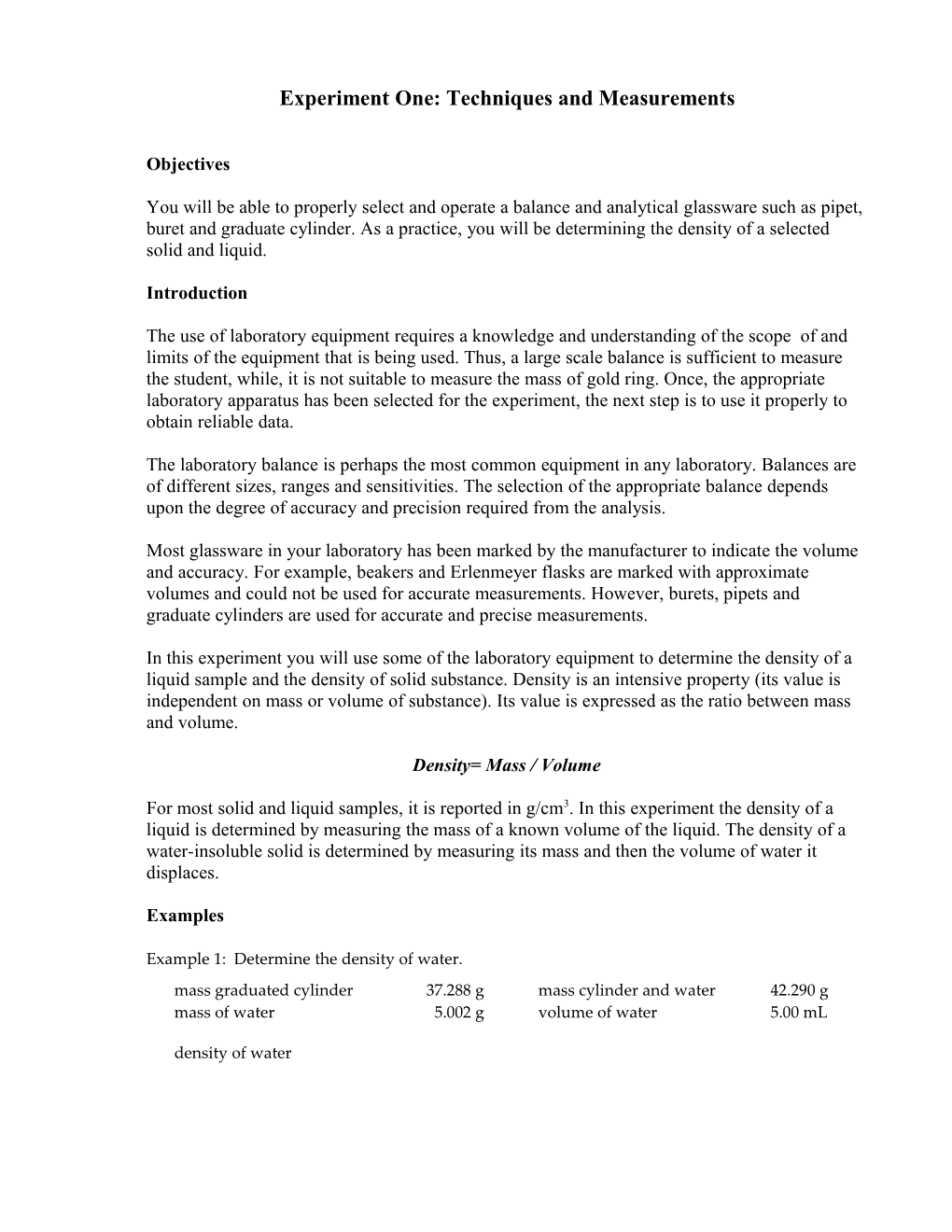 Experiment One: Techniques and Measurements