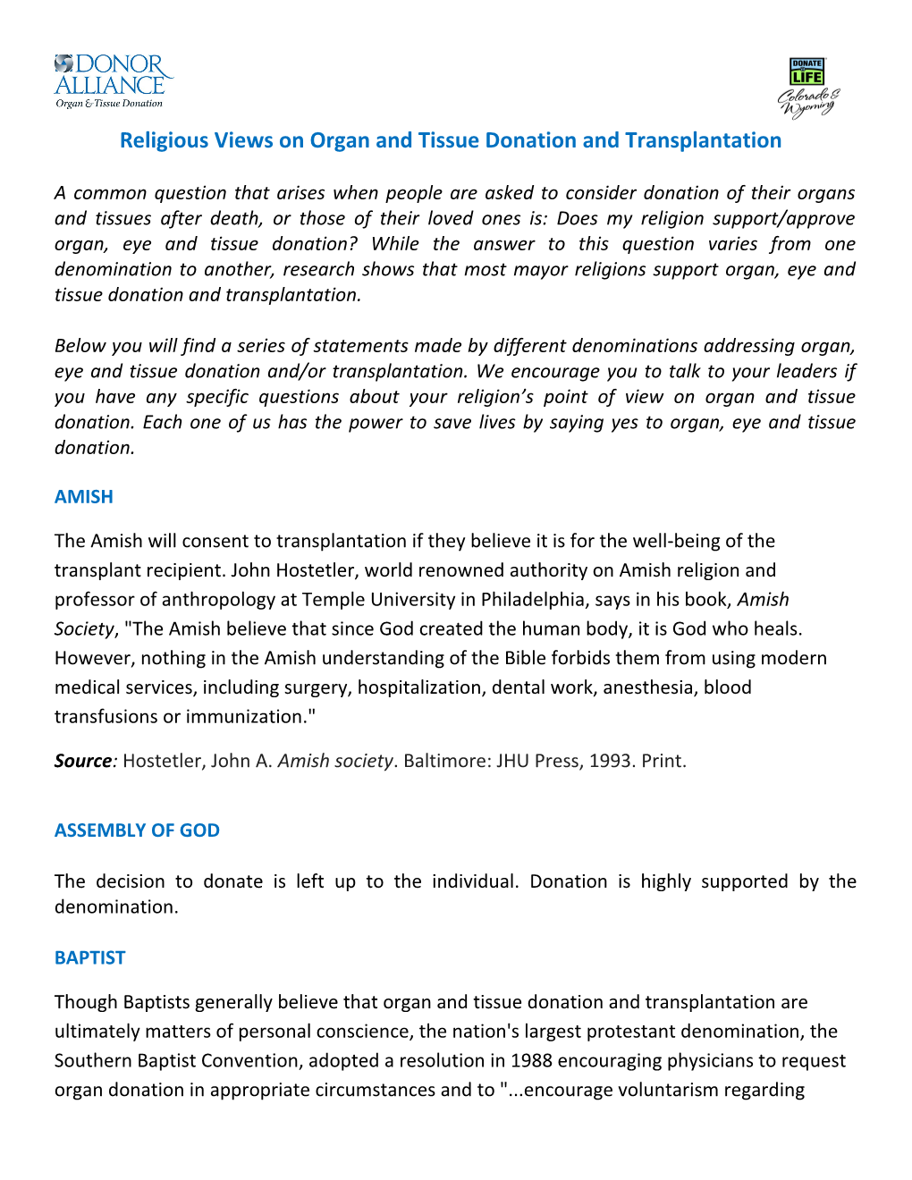 Religious Views on Organ and Tissue Donation and Transplantation