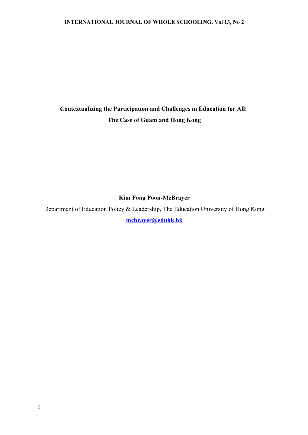 INTERNATIONAL JOURNAL of WHOLE SCHOOLING, Vol 13, No 2