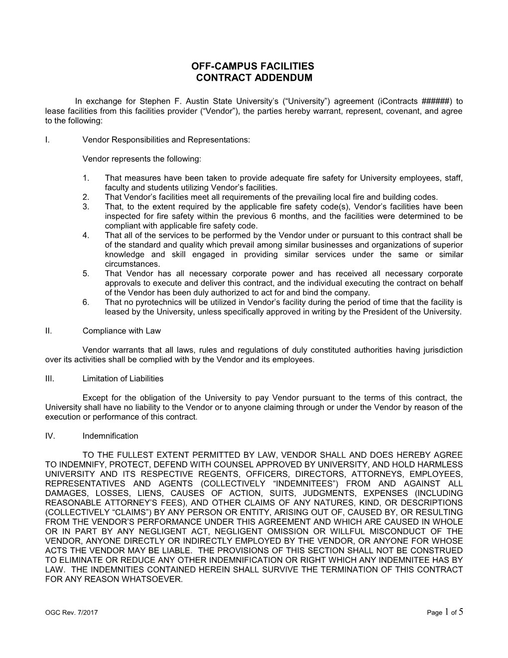 Off-Campus Facilities Contract Addendum