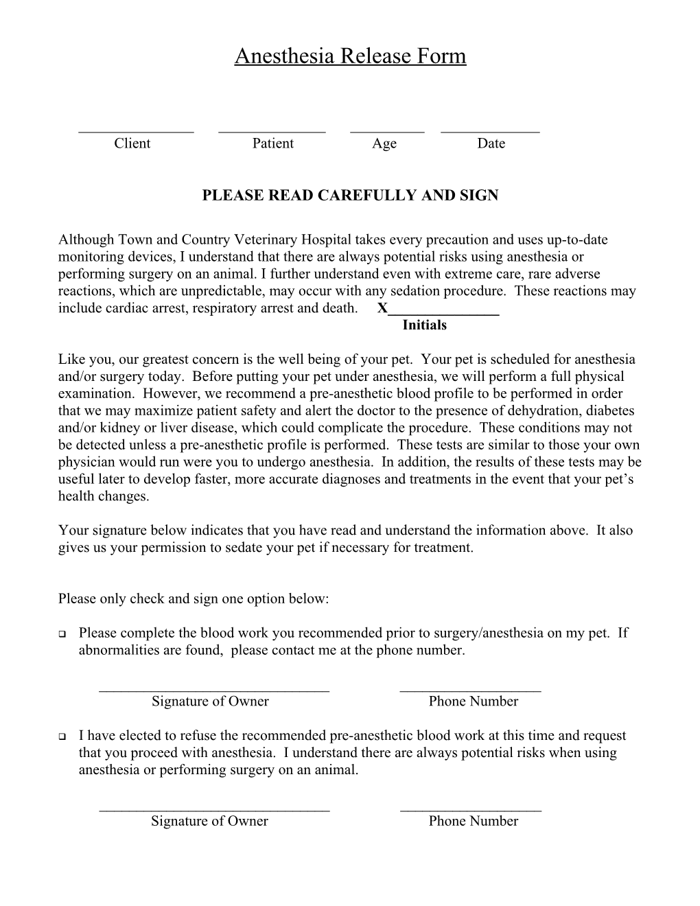 Anesthesia Release Form