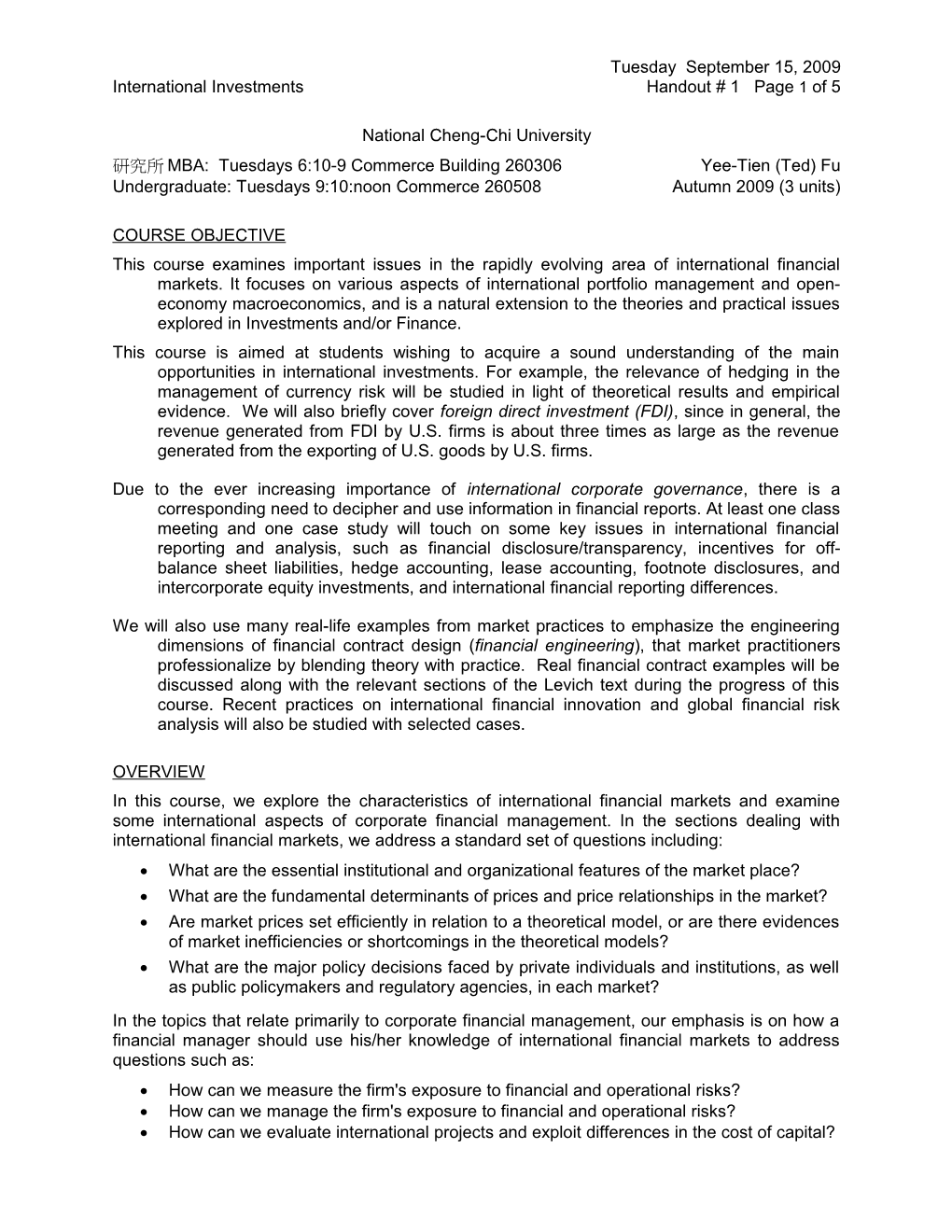 International Investments Handout # 1 Page 1 of 5