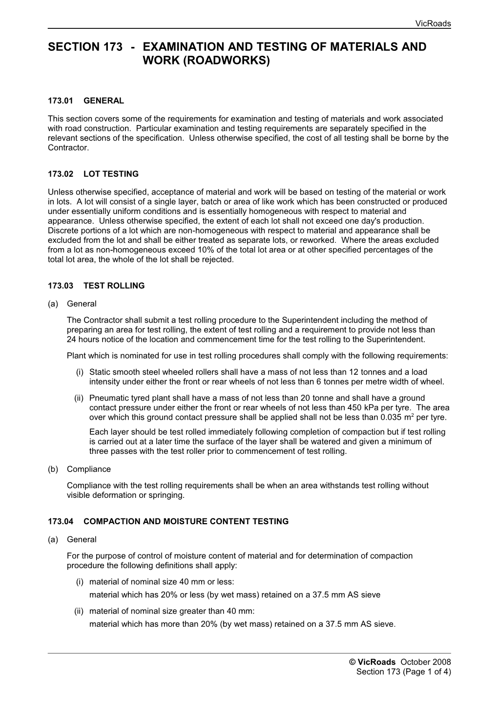 Section173examination and Testing of Materials and Work (Roadworks)