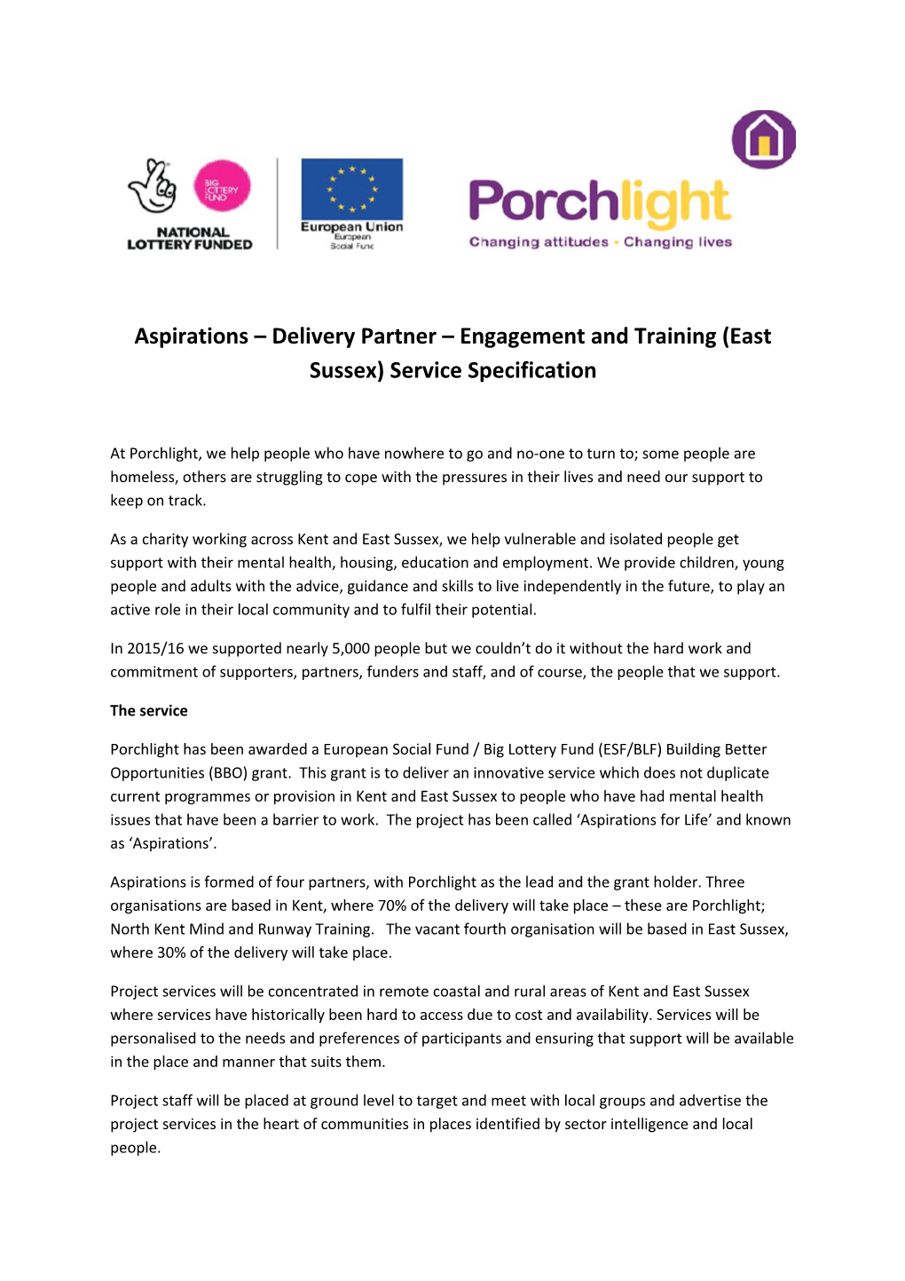 Aspirations Delivery Partner Engagement and Training (East Sussex) Service Specification