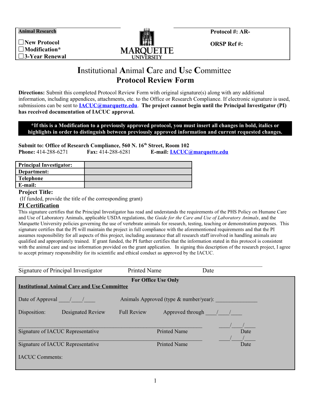Marquette University Human Subjects Protocol Continuing Review Form