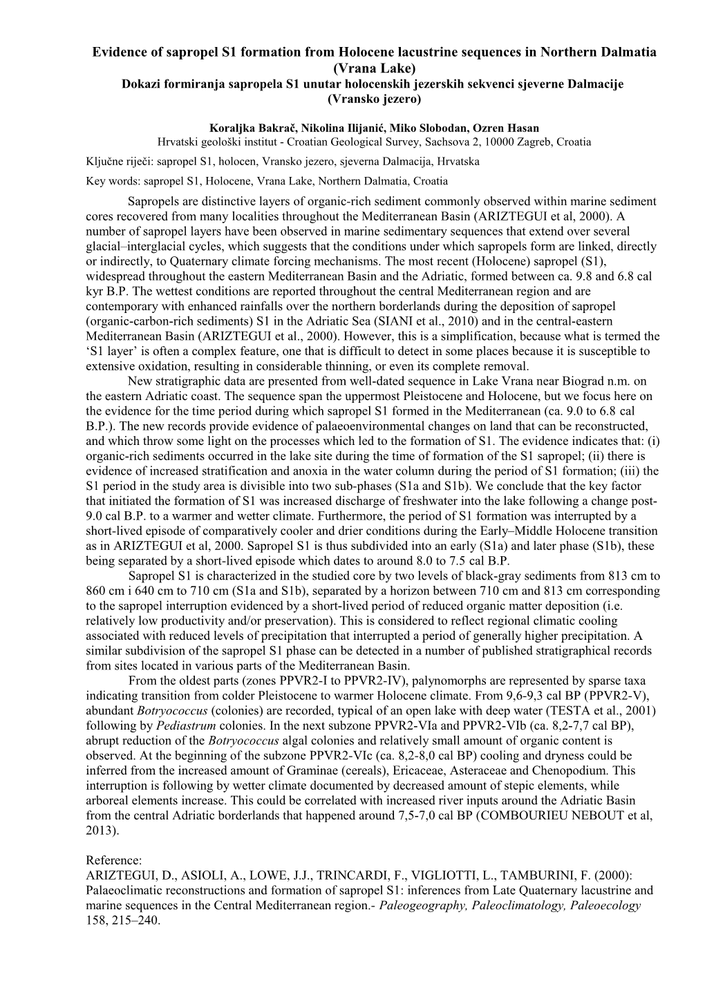 Evidence of Sapropel S1 Formation from Holocene Lacustrine Sequences in Northern Dalmatia