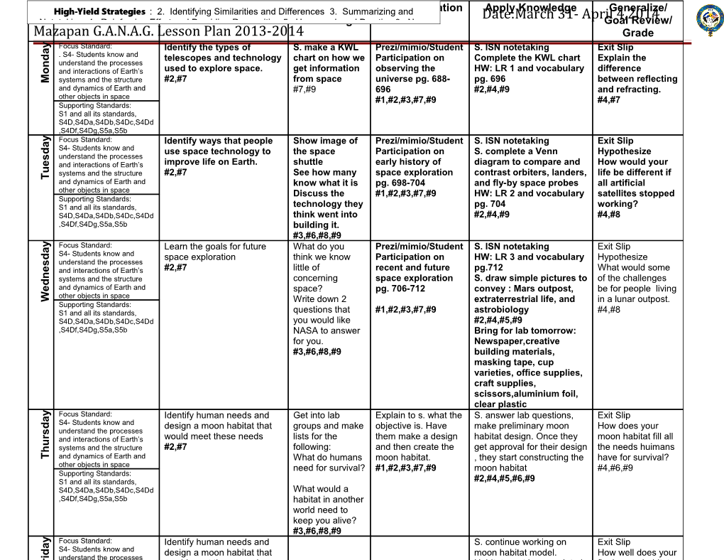 Teacher: E. Vásquezsubject: Earth Science Date:March 31- April 4,2014