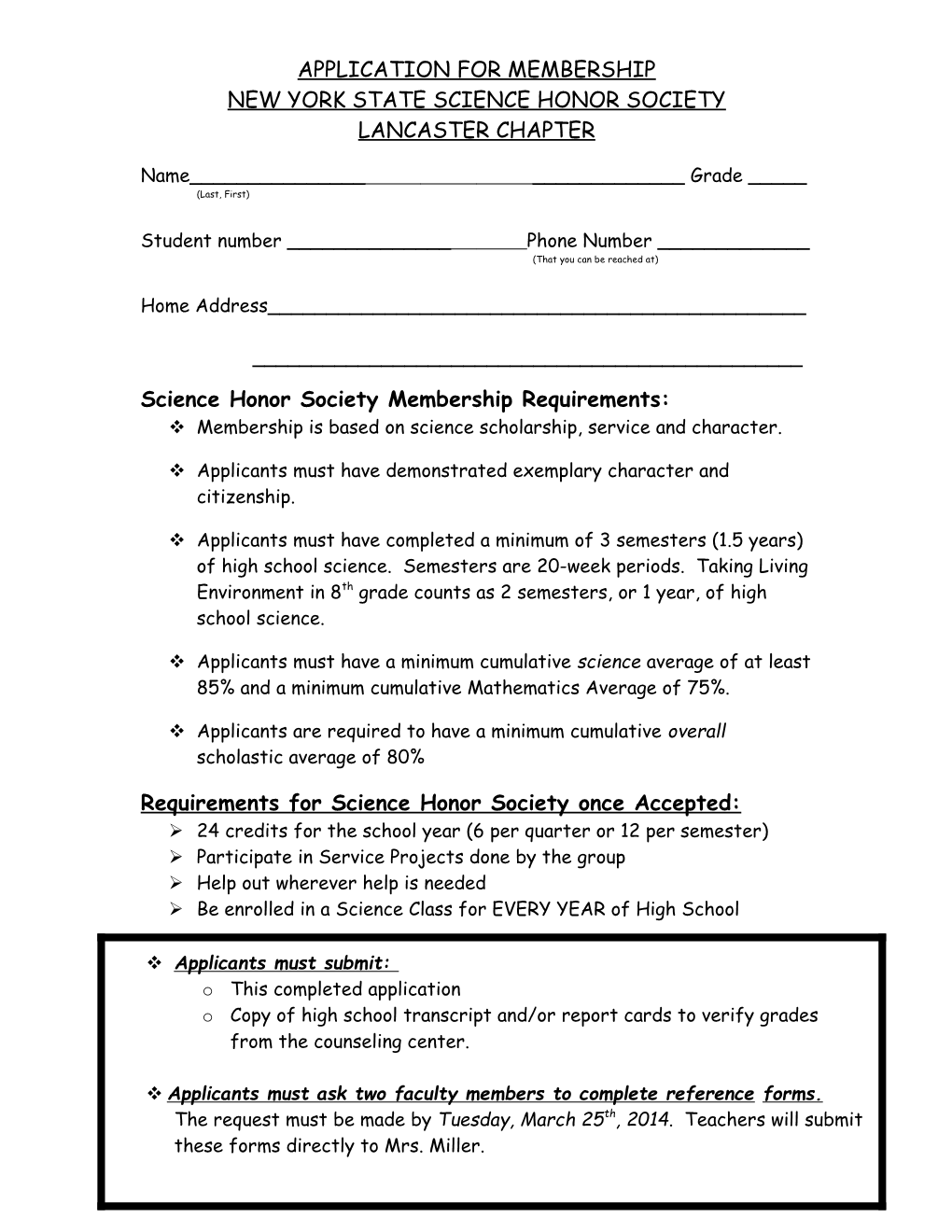 Applications for Membership in Science Honor Society