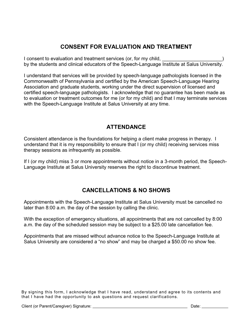 Consent for Evaluation and Treatment