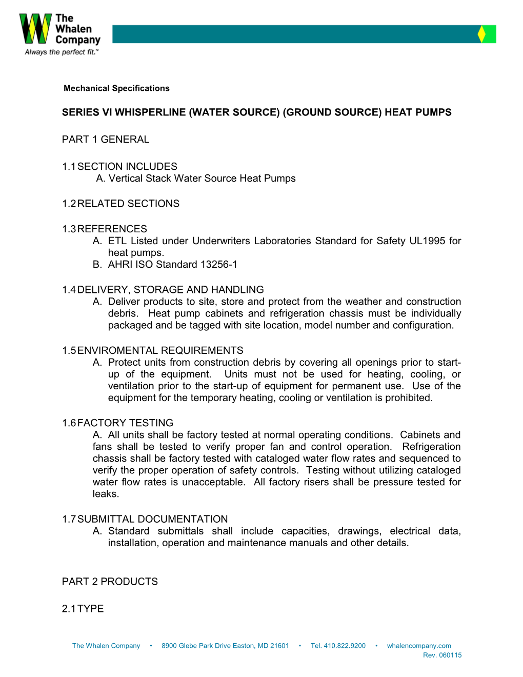 Series Vi Whisperline (Water Source) (Ground Source) Heat Pumps