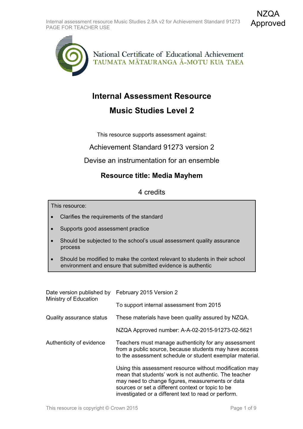 Level 2 Music Studies Internal Assessment Resource