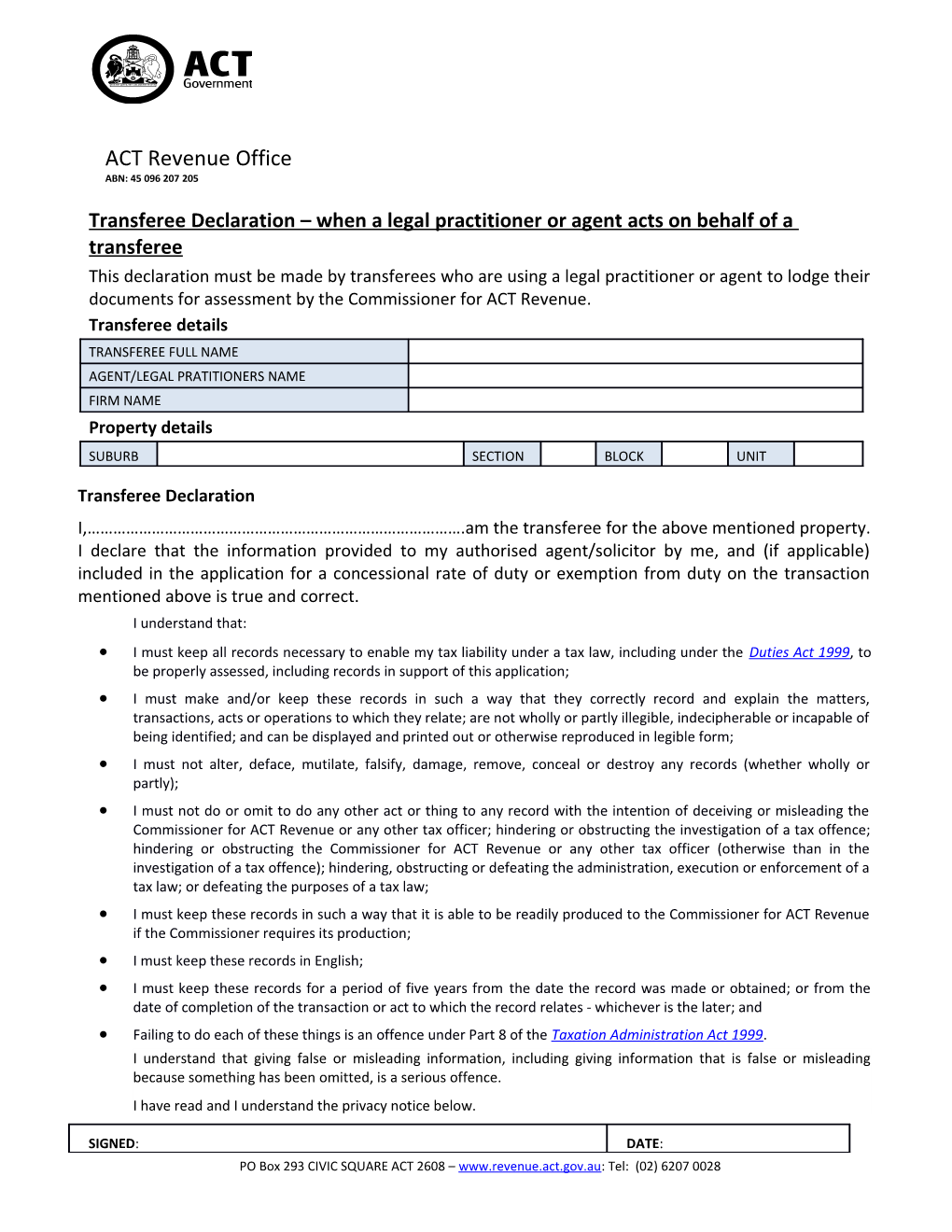 Transferee Declaration When a Legal Practitioner Or Agent Acts on Behalf of a Transferee