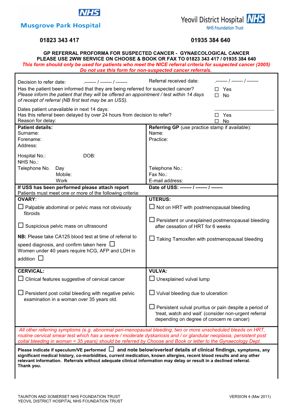 Gp Referral Proforma for Suspected Cancer