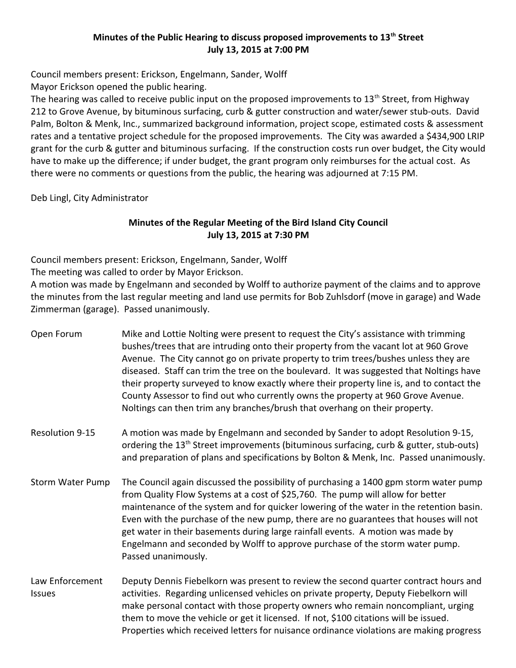 Minutes of the Public Hearing to Discuss Proposed Improvements to 13Th Street