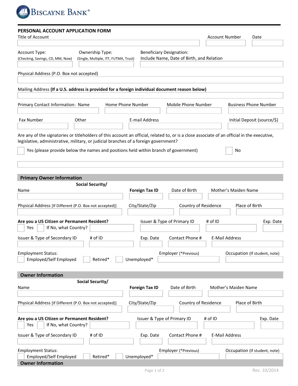 Personal Account Application Form