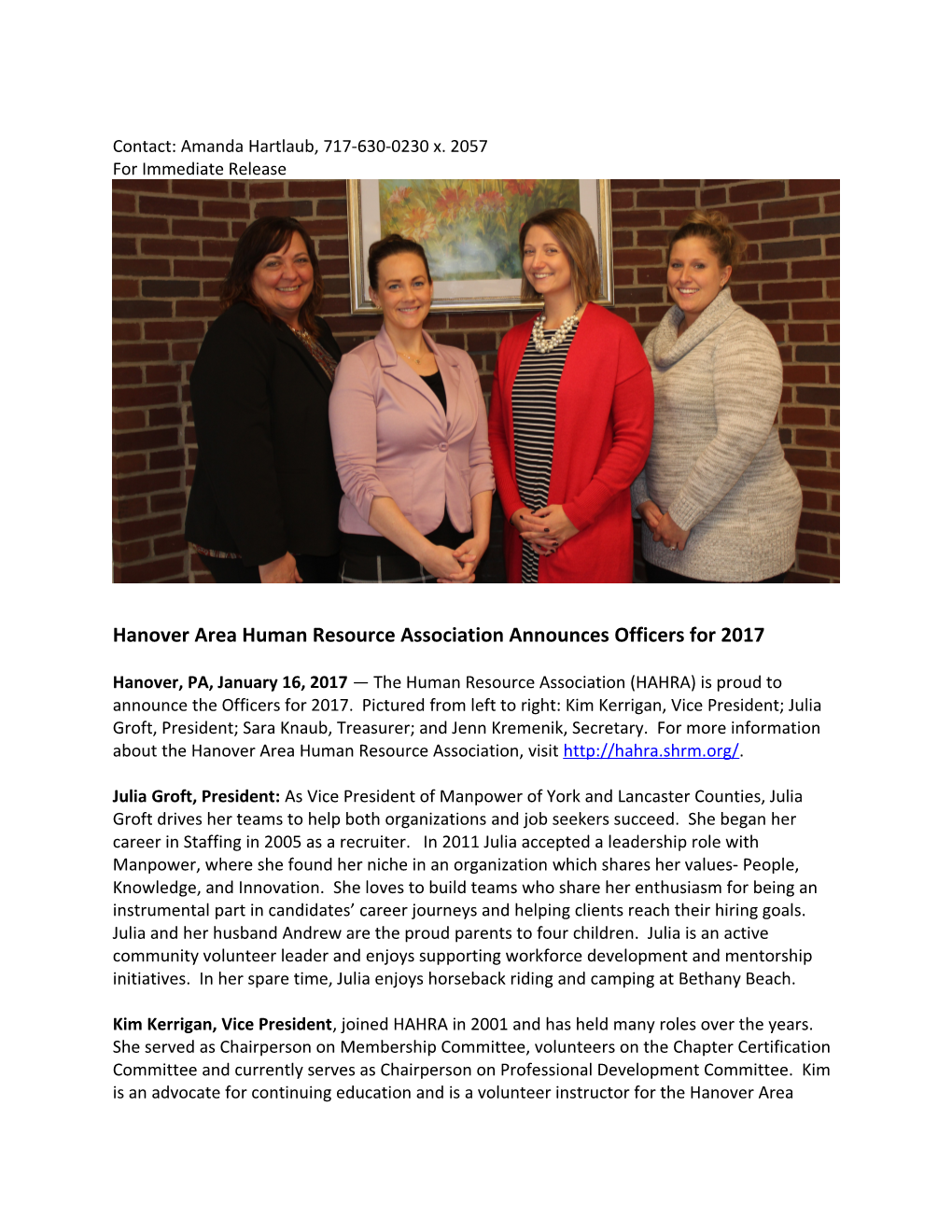 Hanover Area Human Resource Associationannounces Officers for 2017