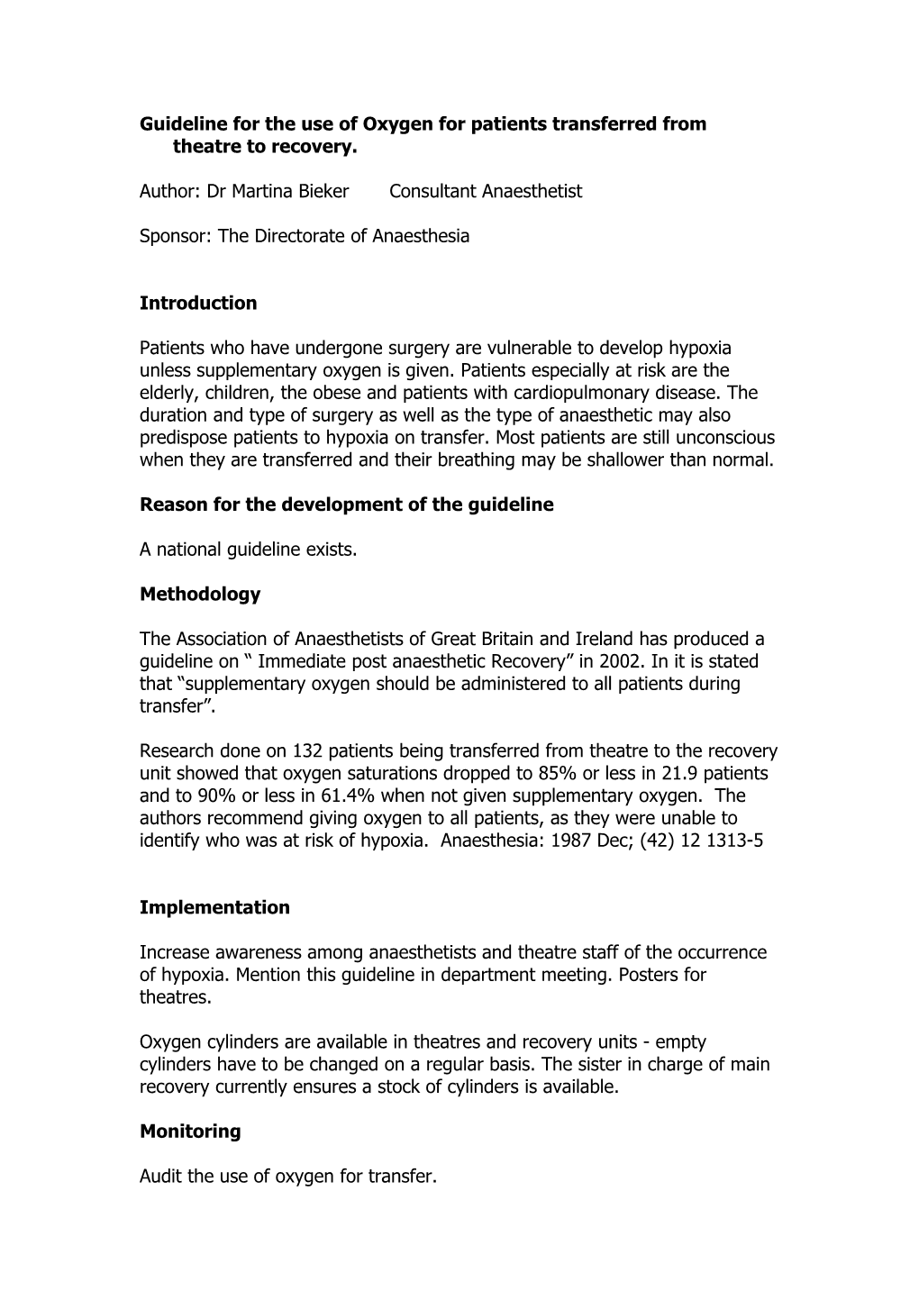 Guideline for the Use of Oxygen for Patients Transferred from Theatre to Recovery