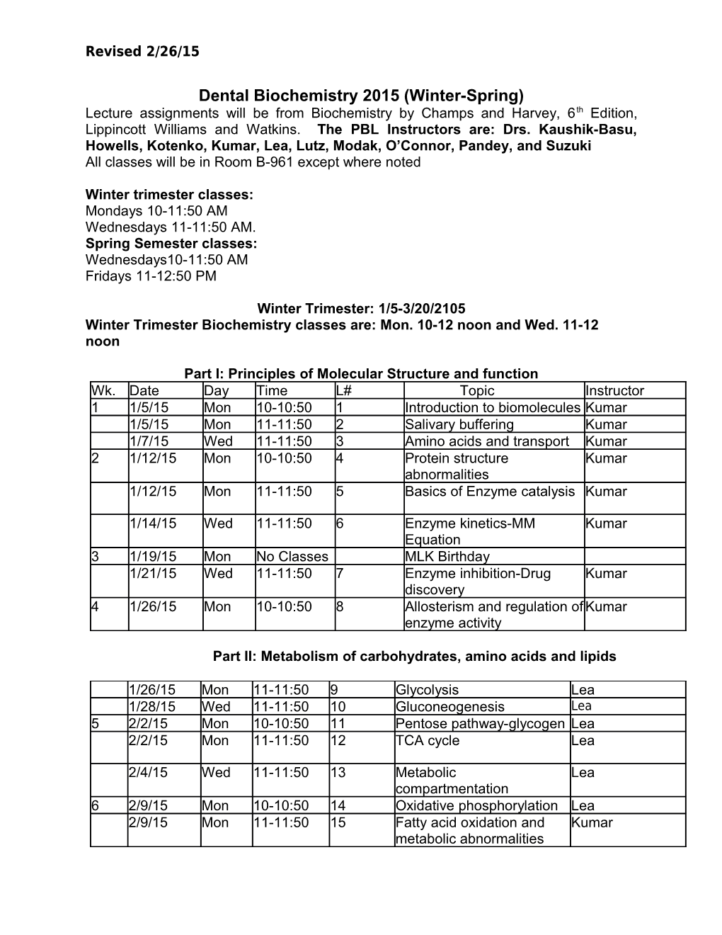 Dental Biochemistry 2015 (Winter-Spring)