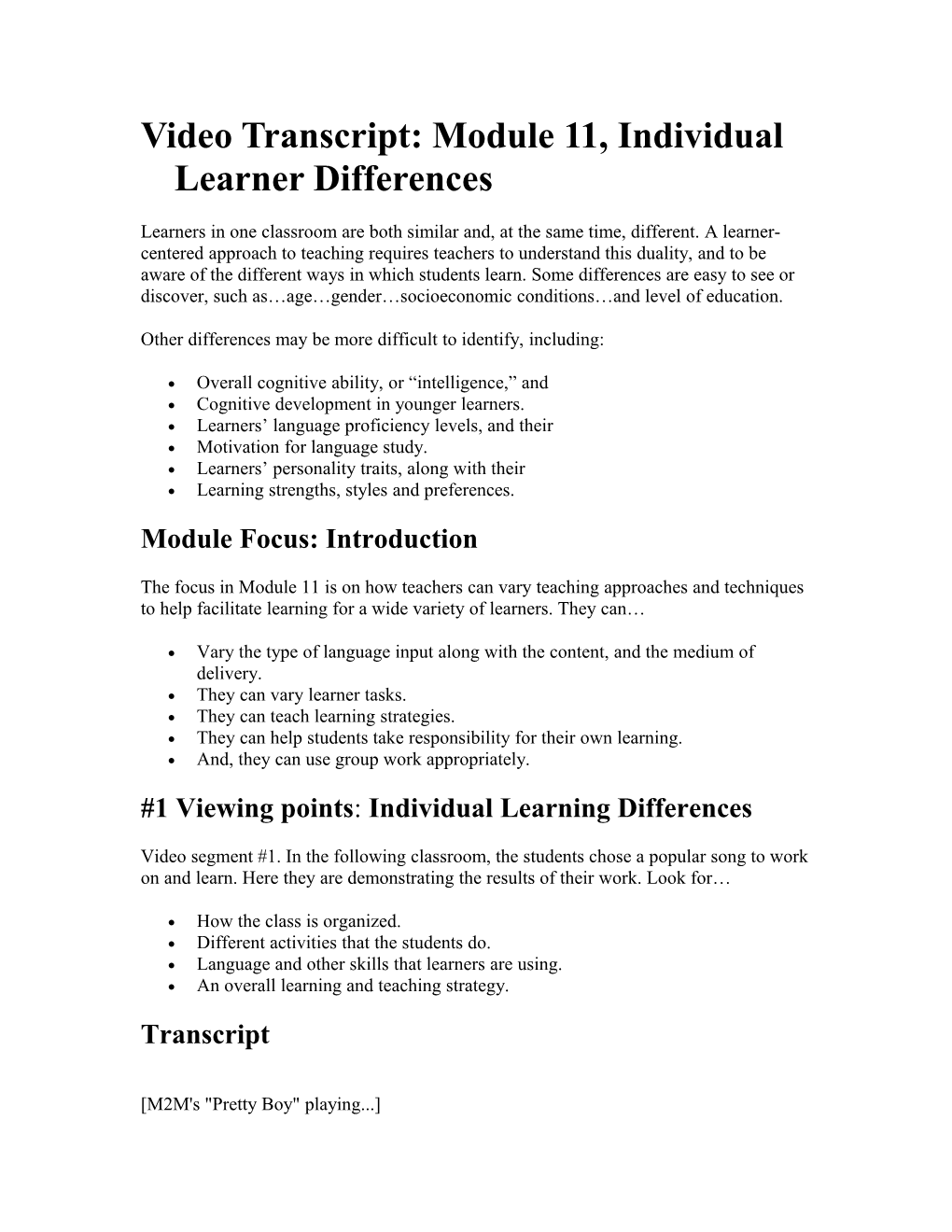 Video Transcript: Module 11, Individual Learner Differences