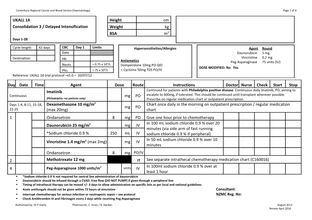 Chemotherapy Chart UKALL 14 Consolidation 3