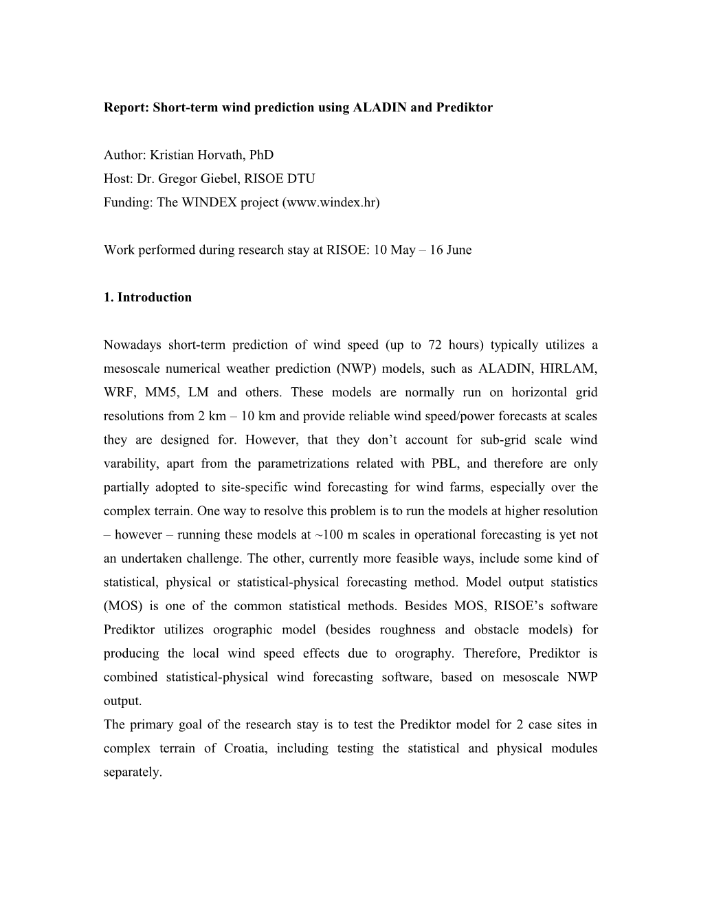 Report: Short-Term Wind Prediction Using ALADIN and Prediktor