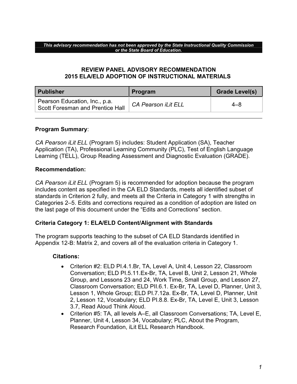 CA Pearson Ilit ELL - Instructional Materials (CA Dept of Education)