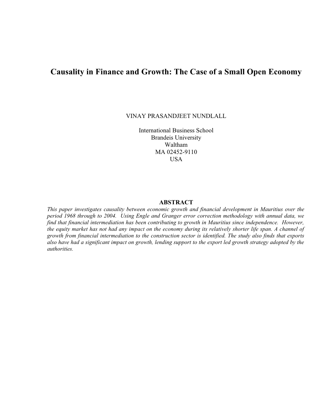 Growth in Mauritius: a Time Series Approach