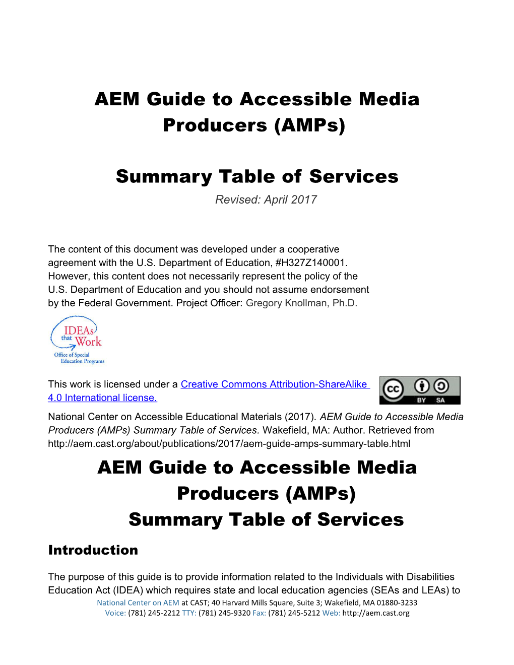 AEM Guide to Accessible Media Producers (Amps) Summary Table of Services