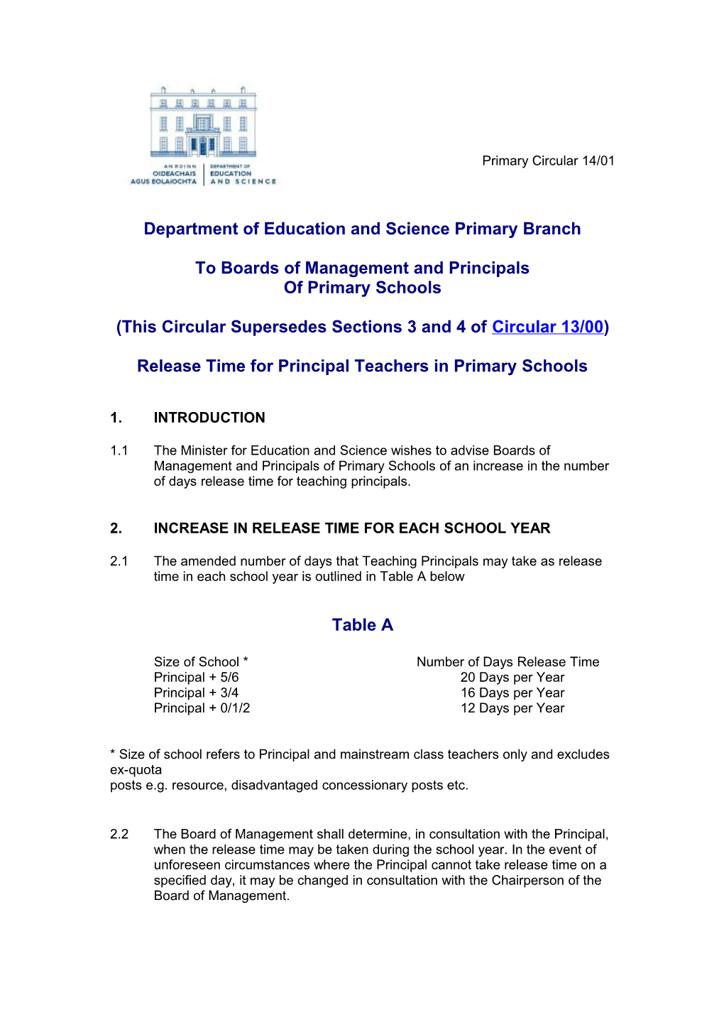 Primary Circular 14/01 Release Time for Principal Teachers in Primary Schools (Word Format 32KB)