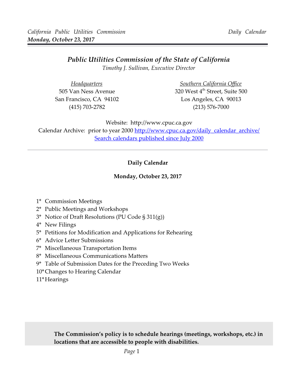 California Public Utilities Commission Daily Calendar Monday, October 23, 2017