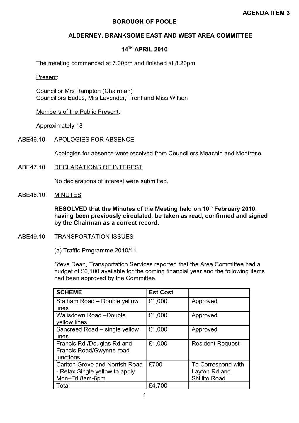 Minutes - Alderney, Branksome East and West Area Committee - 14 April 2010