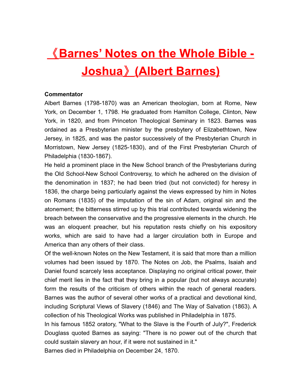 Barnes Notes on the Whole Bible - Joshua (Albert Barnes)