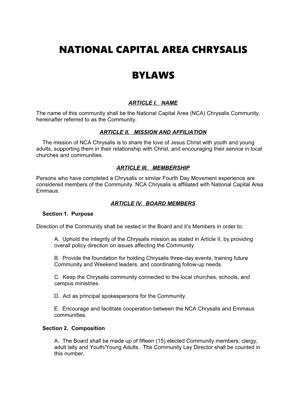 National Capital Area Chrysalis Bylaws