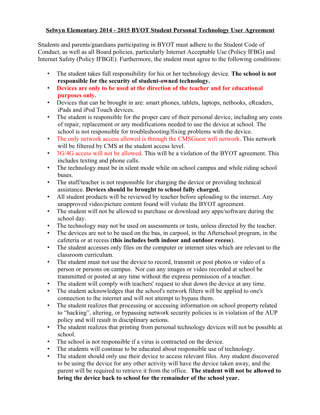 BYOT User Agreement