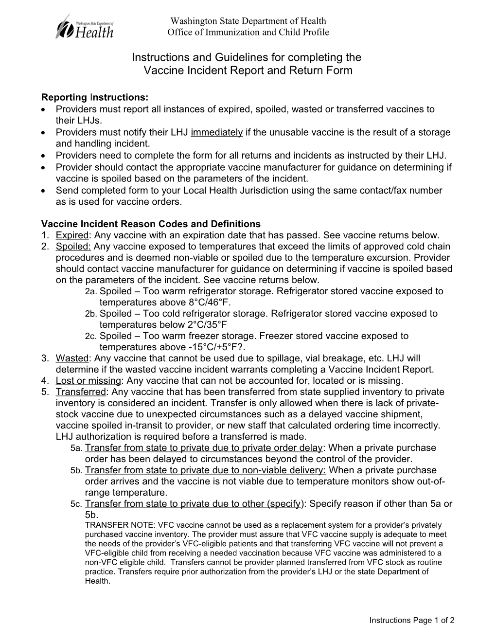 Instructions and Guidelines for Completing the Vaccine Incident Report and Return Form