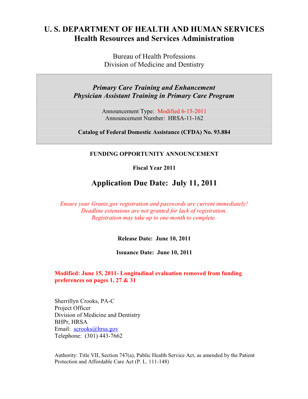 Funding Opportunity Announcement HRSA-11-162