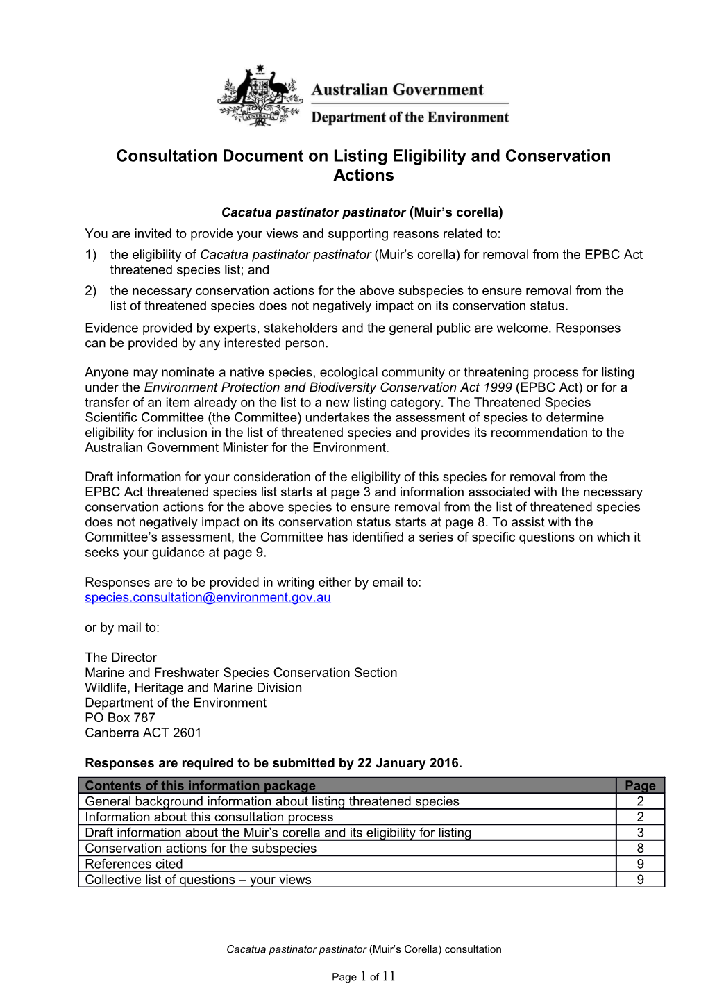 Consultation Document on Listing Eligibility and Conservation Actions - Cacatua Pastinator