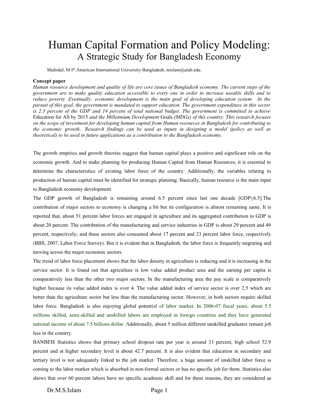 Human Capital Formationand Policy Modeling: a Strategic Study for Bangladesh Economy