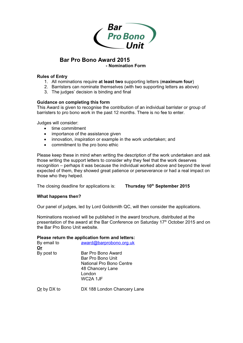Nominations Form Bar Pro Bono Award 2009