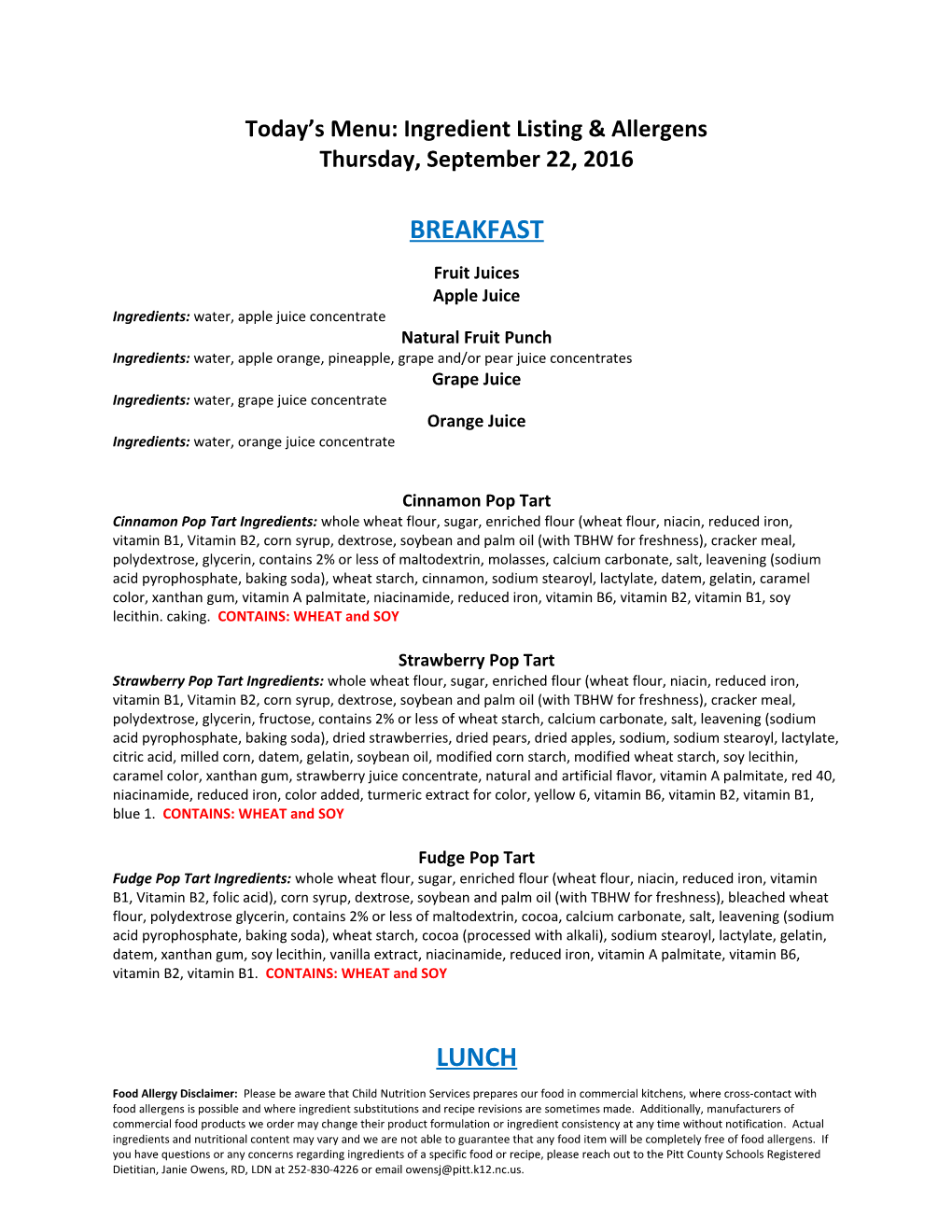 Today S Menu: Ingredient Listing & Allergens