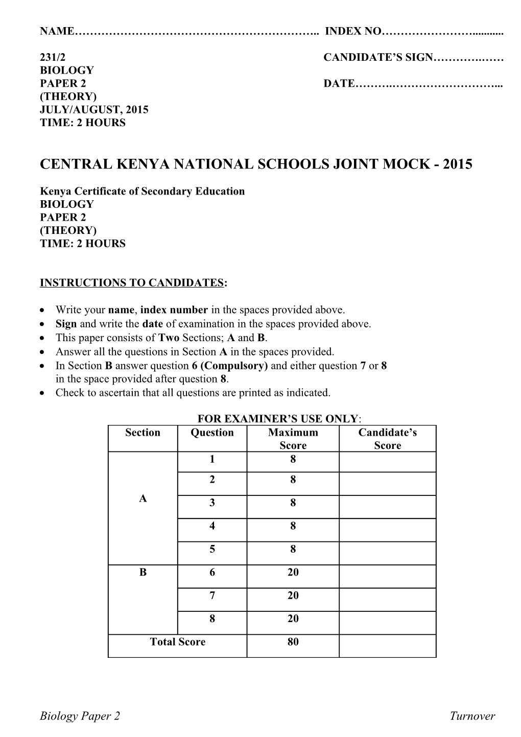 Central Kenya National Schools Joint Mock - 2015