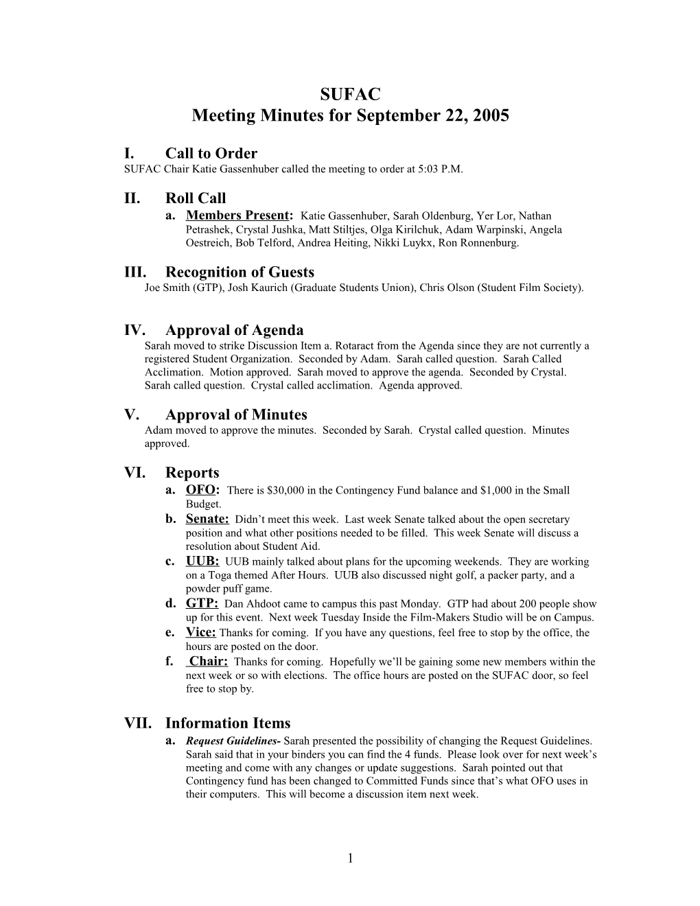 Meeting Minutes for September 22, 2005