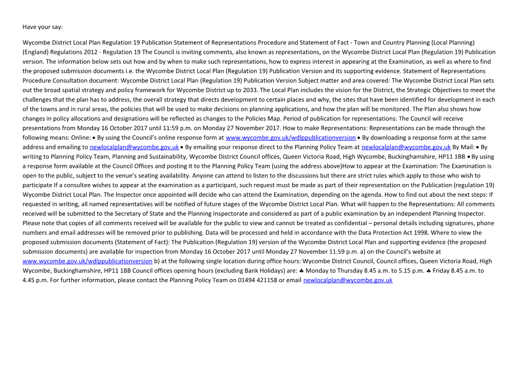 Wycombe District Local Plan Regulation 19 Publicationstatement of Representations Procedure