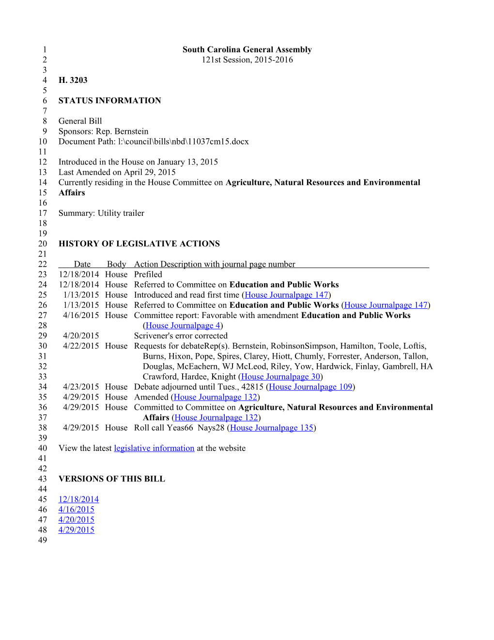 2015-2016 Bill 3203: Utility Trailer - South Carolina Legislature Online