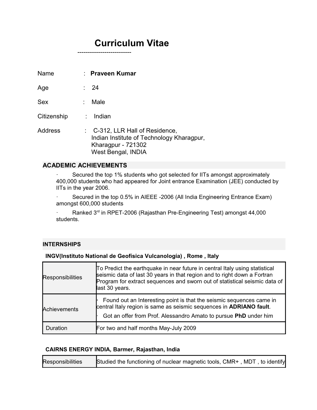 Secured in the Top 0.5% in AIEEE -2006 (All India Engineering Entrance Exam) Amongst 600,000