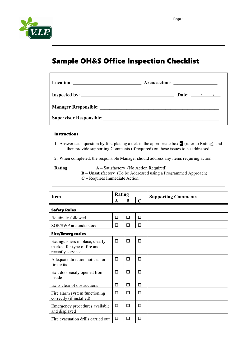 Sample OH&S Inspection Checklist