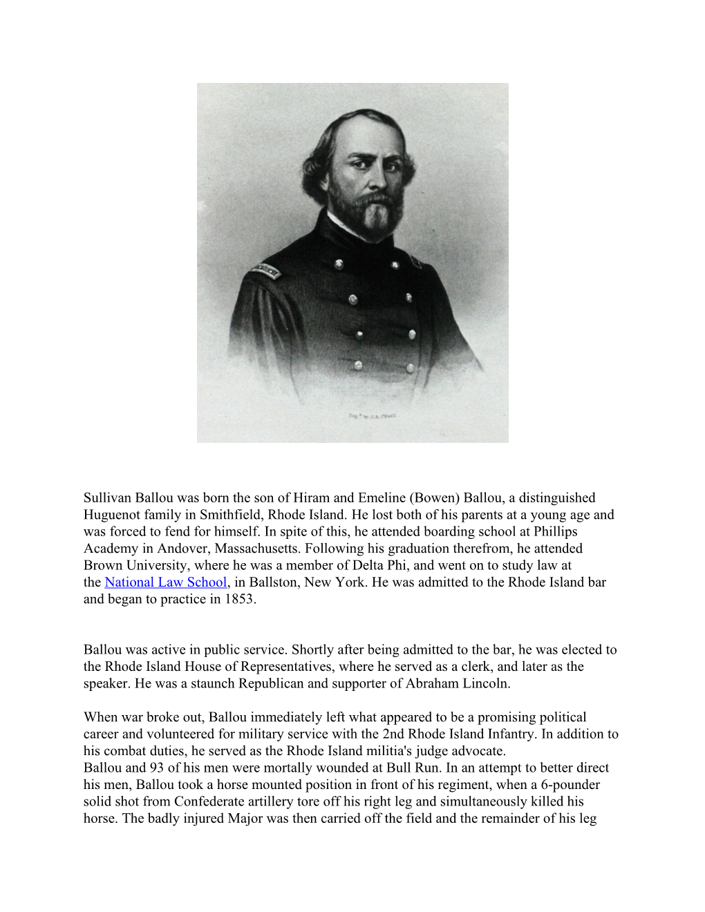 Sullivan Ballou Was Born the Son of Hiram and Emeline (Bowen) Ballou, a Distinguished Huguenot